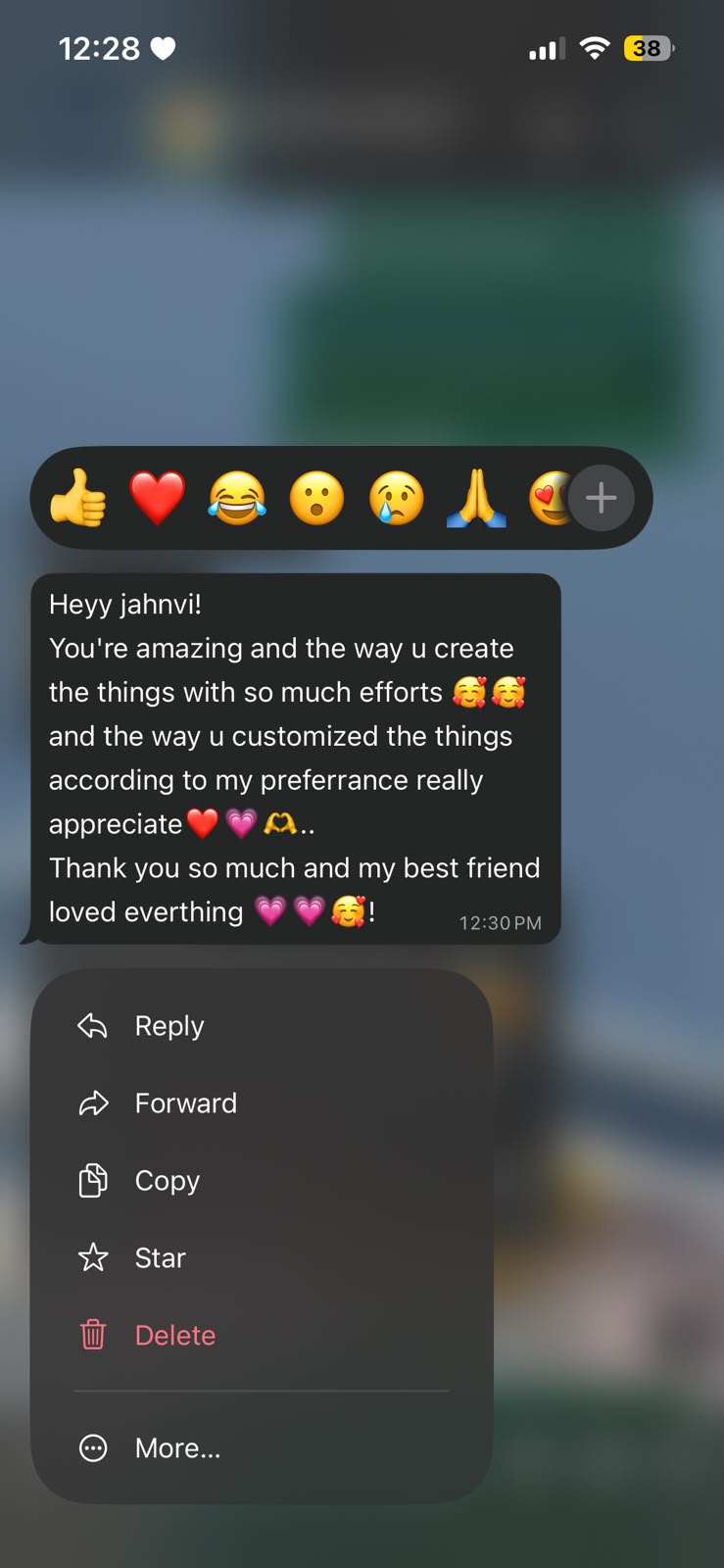 WhatsApp feedback praising the thoughtful customisation and saying the recipient loved everything