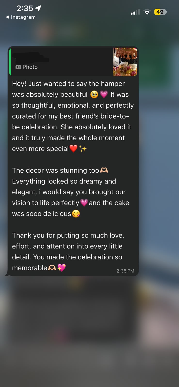 Customer feedback praising a thoughtful bride-to-be hamper, dreamy decor and attention to every detail