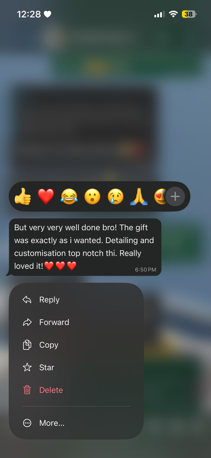 WhatsApp feedback saying the gift was exactly as requested and the detailing and customisation were top notch