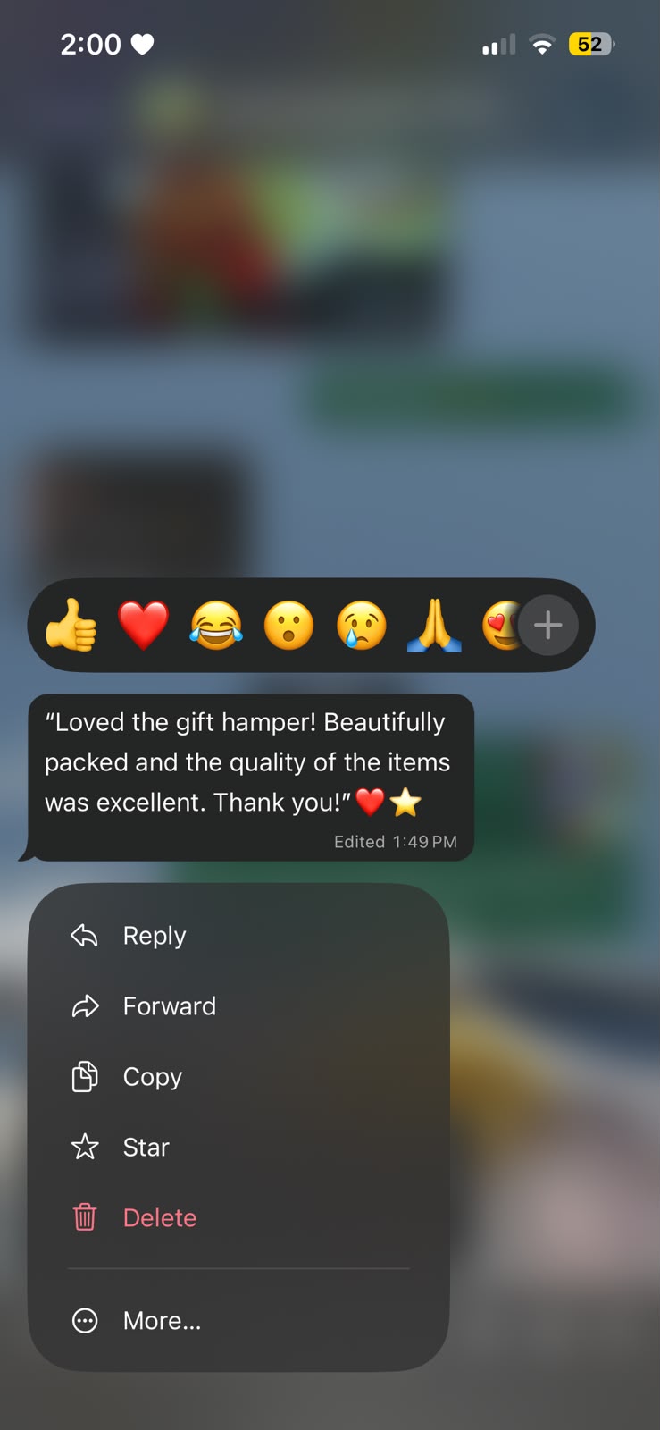 Customer feedback saying the gift hamper was beautifully packed and the quality of the items was excellent